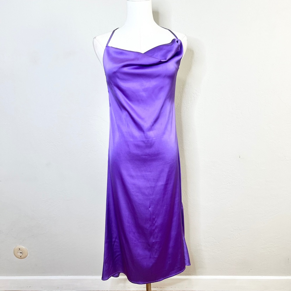 Danielle Bernstein WeWoreWhat Purple Satin Cowl Neck Open Back Midi Slip Dress S